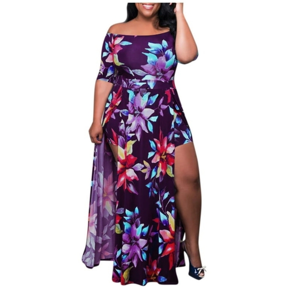 None Dresses & Skirts - Summer Wedding Guest Short Sleeve Plus Size Floral Maxi Dress Built In Shorts